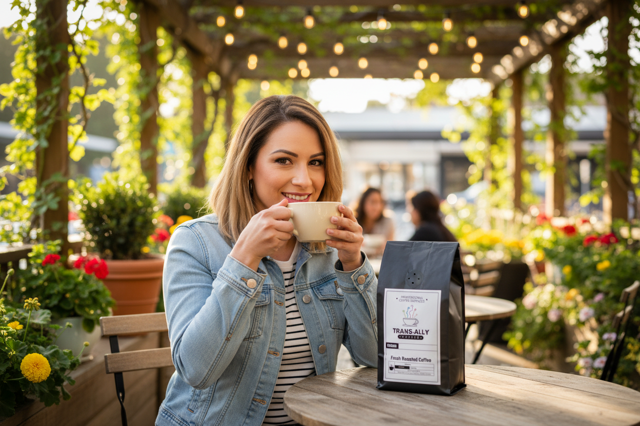 Cinnabun coffee on outdoor patio with transgender woman